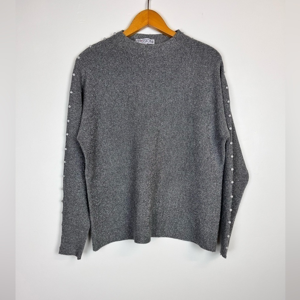 PASSIONI GRAY SILVER GLITTER Embellishments Sleeves Crew Neck Pullover Sweater M